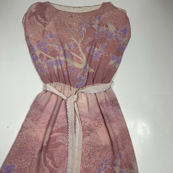 Vtg 80s Unbranded Pink Floral Elastic Waist Sheer Slit Midi Dress Belt Sz M ? - Picture 3 of 9